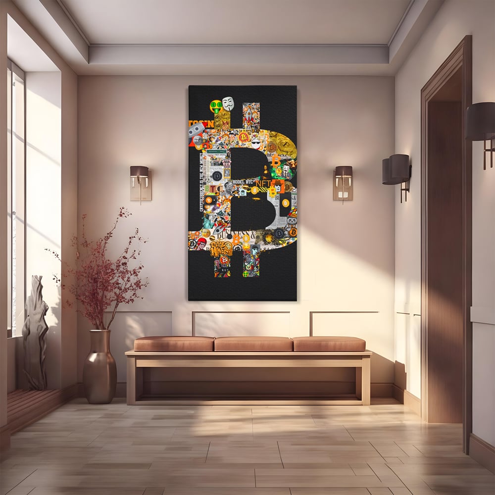 Tablou canvas cu tablou canvas cu simbolul bitcoin din colaje, fara rama, pe sasiu de lemn